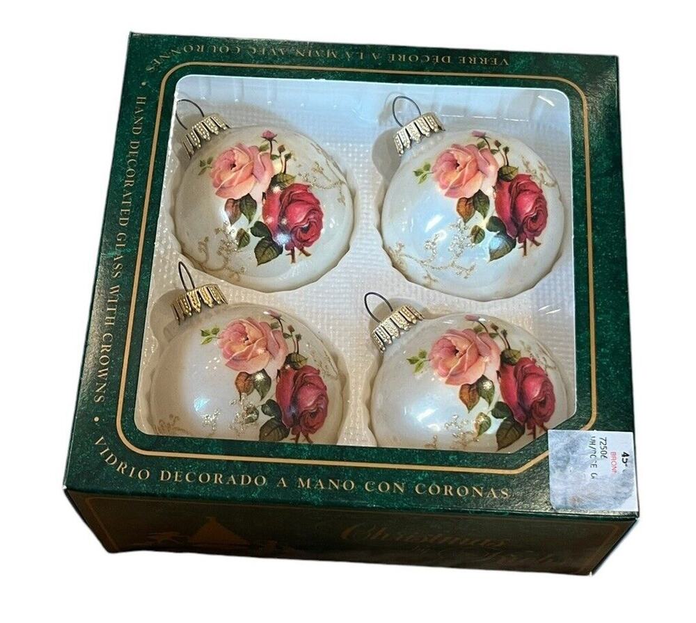 Vintage Christmas By Krebs Box Of 4 Glass Ball Ornaments Roses Glitter